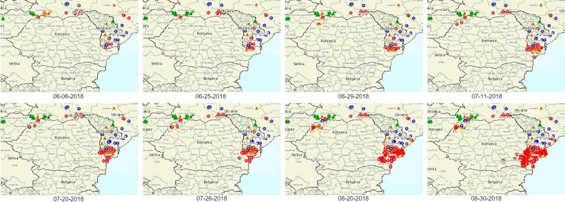 Fot 1. Rozprzestrzenianie się ASF w Rumunii. Źr&oacute;dło: OIE
