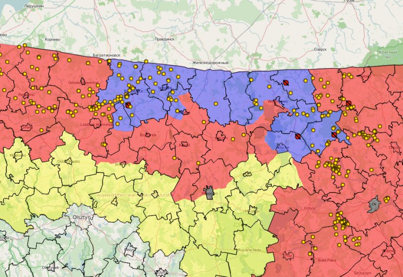 Czerwone punkty: ASF świnie, żółte: ASF dziki