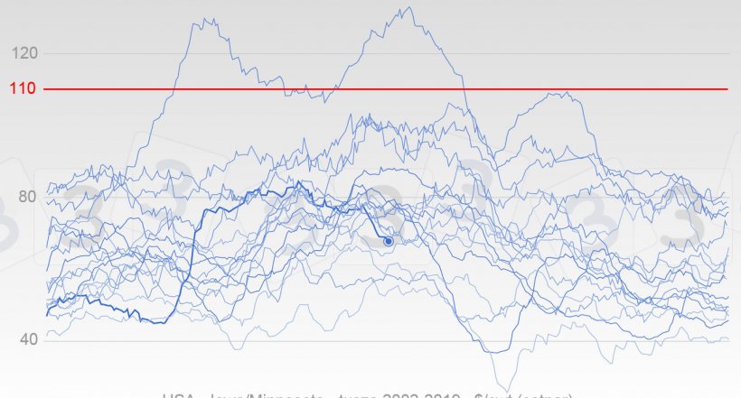 Wykres 4. Zmiany w cenach świń w USA od 2002 r. Pogrubiona linia pokazuje ceny w 2019 r. Czerwona linia jest medianą wartości podawanych przez ankietowanych w naszej ankiecie.
