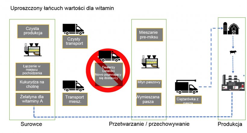 Wykres 1. Og&oacute;lny opis łańcucha powstawania i dostaw witamin dla pasz dla zwierząt.
