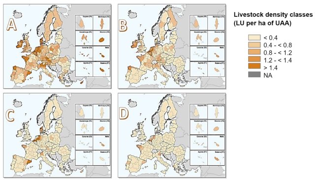 Zagęszczenie inwentarza żywego w Unii Europejskiej w 2016 r. w odniesieniu do: a) całego inwentarza żywego, b) bydła, c) świń id) drobiu. Oszacowane przez podzielenie liczby dużych jednostek przeliczeniowych inwentarza przez powierzchnię użytków rolnych (WUR) w każdym regionie NUTS 2. Źródło: Eurostat, marzec 2020; mapy: Matteo Sposato, SRUC.