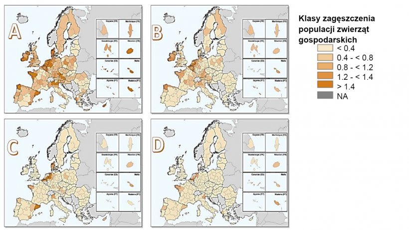 Zagęszczenie inwentarza żywego w Unii Europejskiej w 2016 r. w&nbsp;odniesieniu do: a) całego inwentarza żywego, b)&nbsp;bydła, c) świń id) drobiu. Oszacowane przez podzielenie liczby dużych jednostek przeliczeniowych inwentarza przez powierzchnię użytk&oacute;w rolnych (WUR) w każdym regionie NUTS 2.&nbsp;Źr&oacute;dło: Eurostat, marzec 2020; mapy: Matteo Sposato, SRUC.
