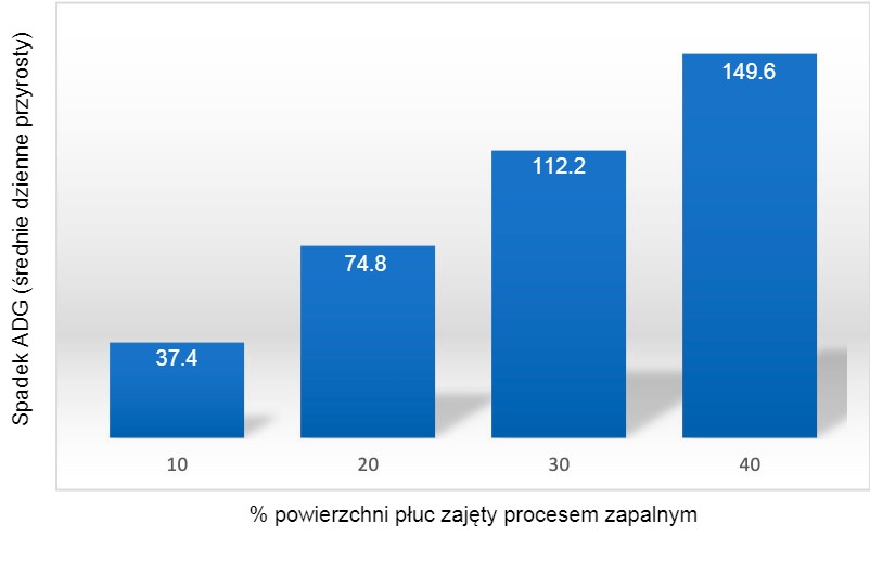 Wykres 1: Spadek ADG (gramy) w stosunku do odsetka powierzchni płuc dotkniętej zapaleniem płuc. Na podstawie: Straw et al. (1989).
