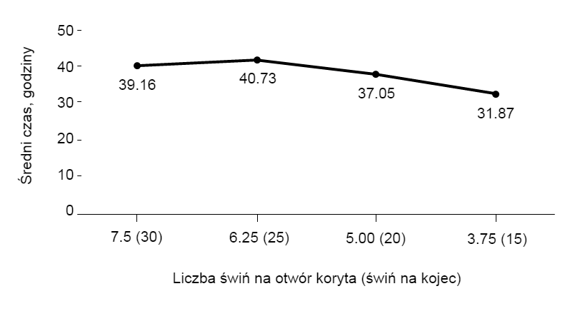 Wykres 1. Średni czas do rozpoczęcia pobierania paszy w zależności od liczby świń przypadających na otw&oacute;r karmnika i liczba świń w kojcu w okresie odchowu. Liniowy, P &lt;0,001; Kwadratowy, P = 0,081.
