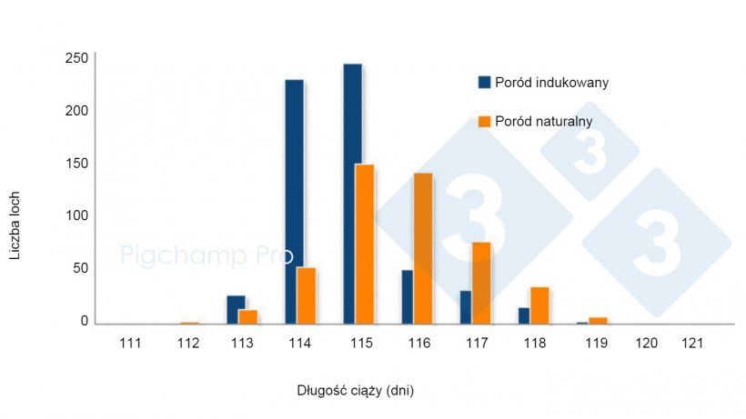Wykres 3. Por&oacute;wnanie długości ciąży między indukowanym oproszeniem w 114 dniu a naturalnym oproszeniem na konkretnej farmie

