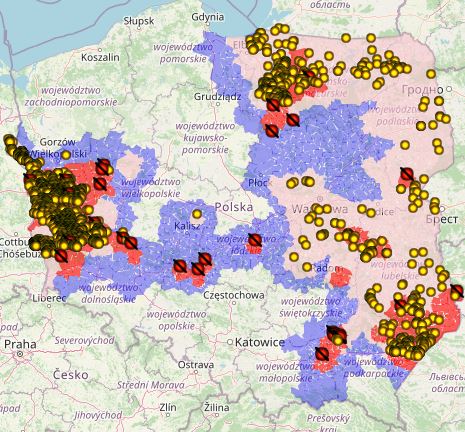 ASF u dzik&oacute;w w 2021r. (ż&oacute;łte punkty).&nbsp;Źr&oacute;dło: GIW
