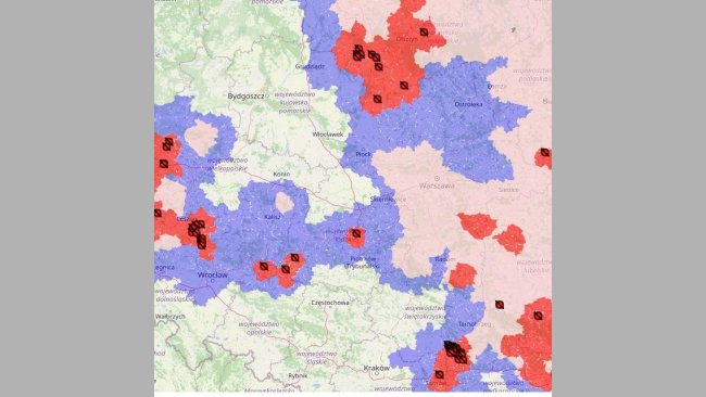 Mapa ognisk ASF u świń w 2021r. Stan na 3.09.2021.