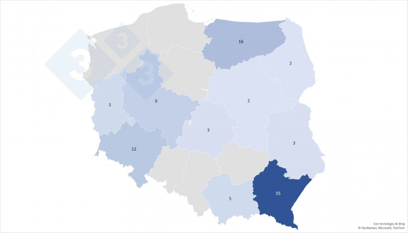 Liczba ognisk ASF w danym wojew&oacute;dztwie
