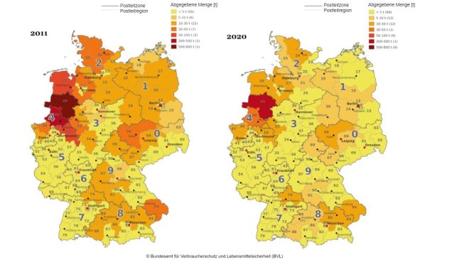 Sales of veterinary antibiotics by postal region in 2011 and 2020. Source: BVL.