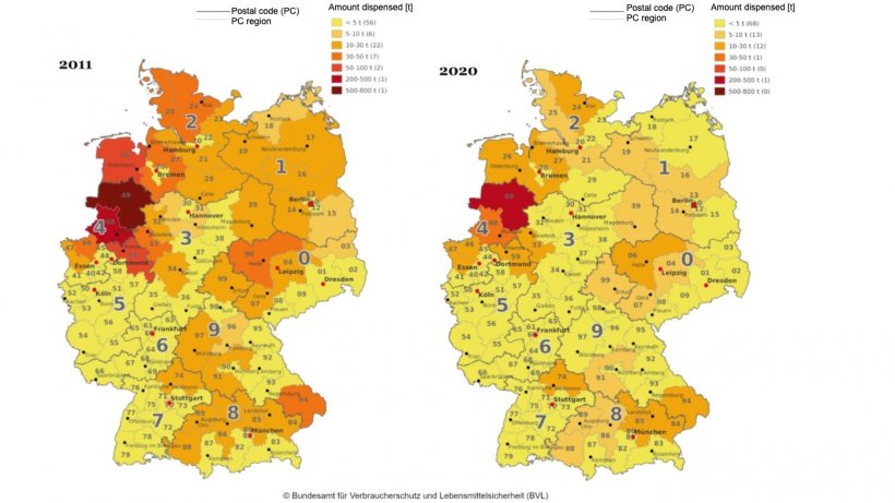 Sales of veterinary antibiotics by postal region in 2011 and 2020. Source: BVL.
