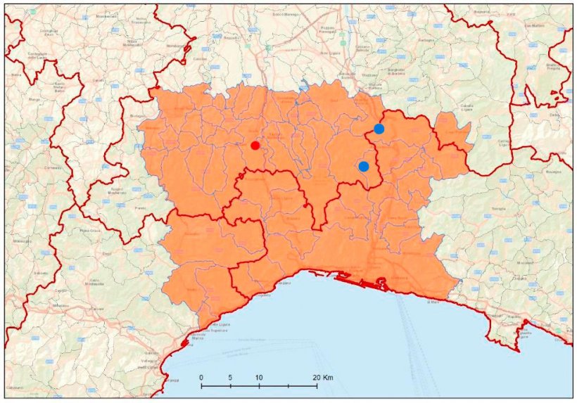 The confirmed case is shown in red and the suspected cases in blue. In orange area is considered infected due to the first confirmed case. Source: Image provided by CEREP and modified by 333.
