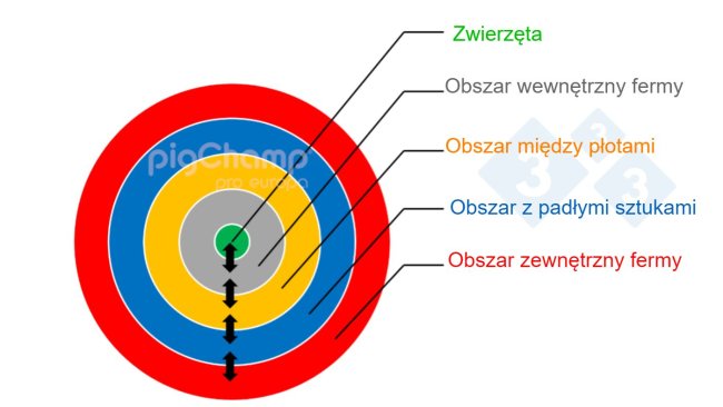 Ilustracja 1. Schematyczne przedstawienie bezpieczeństwa biologicznego gospodarstwa zorganizowanego w kręgi