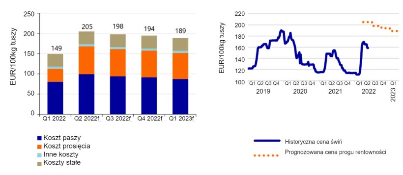 Po lewej: Cena tucznik&oacute;w musiałaby&nbsp;wzrosnąć o 38%. Źr&oacute;dło: KWIN, InterPig, Komisja Europejska, Agrimatie, Rabobank 2022. Po prawej: Prognozowane ceny tusz wieprzowych na progu opłacalności. Źr&oacute;dło: Komisja Europejska, Rabobank 2022.
