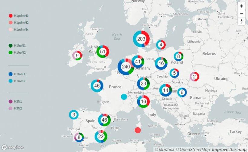 Ryc. 2. Wykrycie swIAV w gospodarstwach w Europie, w skupiskach regionalnych, pierwsze dziewięć miesięcy 2021 r.
