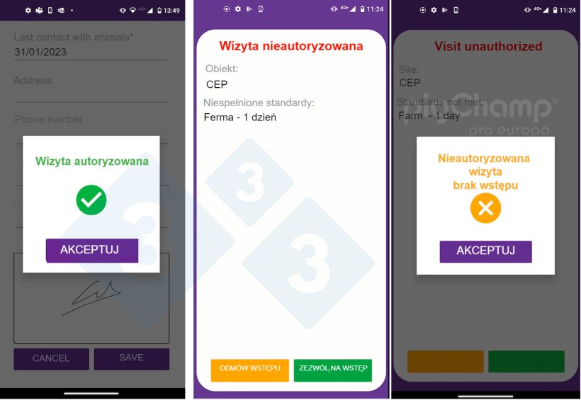 Fot. 1. Przykłady zaakceptowanej wizyty (po lewej), ostrzeżenia o nieautoryzowanej wizycie (w środku) i odmowy nieautoryzowanej wizyty (po prawej).