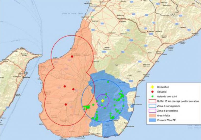 Location of new outbreaks of ASF in the region of Calabria, Italy
(red dots: outbreaks in wild boar; yellow cross: outbreaks on pig farms). Source: MAPA.
