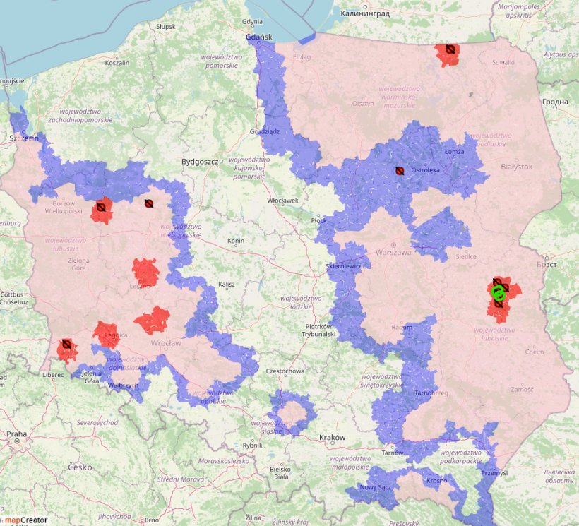  11 i 12 ognisko ASF zaznaczono na zielono. Czerwone punkty oznaczają ogniska ASF, które wystąpiły od początku 2023r. 