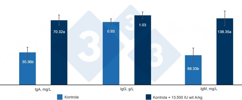 Ryc. 4. Wpływ włączenia 13500 IU witaminy A / kg paszy na immunoglobuliny w surowicy u odsadzonych prosiąt. a, b: R&oacute;żne litery oznaczają statystycznie istotne r&oacute;żnice (P &lt; 0,05). Źr&oacute;dło: Hu et al (2020).
