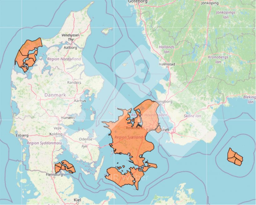 Ryc. 3. Status krajowej strategii redukcji w Danii. Kolor pomarańczowy reprezentuje ustanowione regionalne programy zwalczania.
