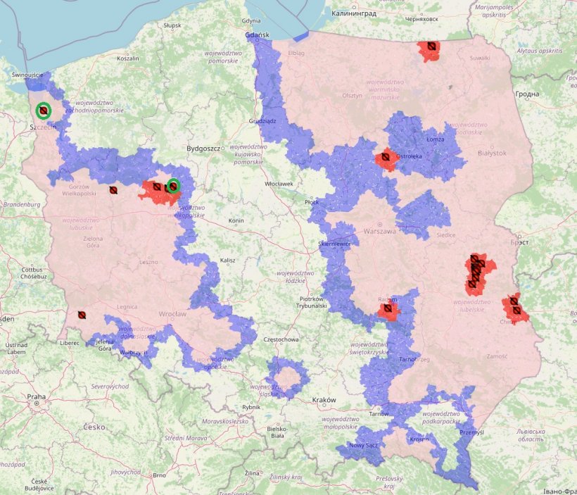 2 nowe ogniska ASF zaznaczone są na zielono