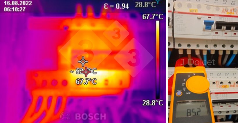 Fot. 2 Wykrywanie możliwej usterki za pomocą termografii (po lewej) i dobrze znanego testera (po prawej).
