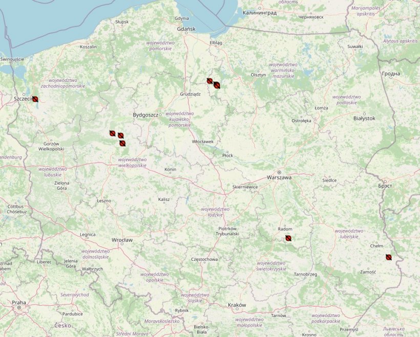 Rozmieszczenie ognisk ASF w Polsce w 2024r. Źródło: Główny Inspektorat Weterynarii