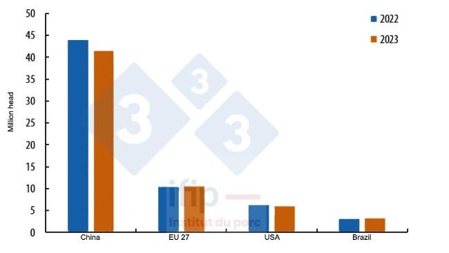 Zmiany w pogłowiu loch hodowlanych u głównych światowych producentów na koniec 2023/2022 r. Źródło: IFIP według Eurostatu, MoA i USDA.