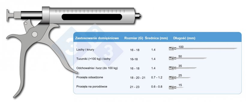 Ryc 1. Rozmiary igieł dla świń
