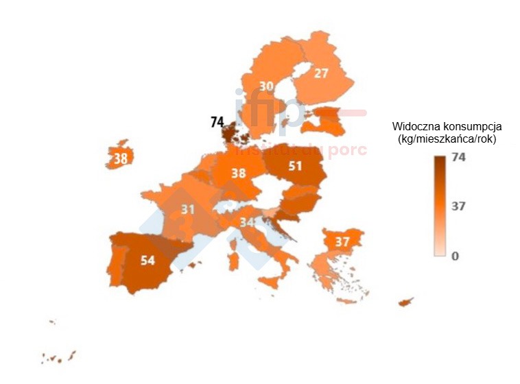 Widoczna konsumpcja wieprzowiny w 2023 r. w UE-27 Źr&oacute;dło: Ifip na podstawie danych JRC.
