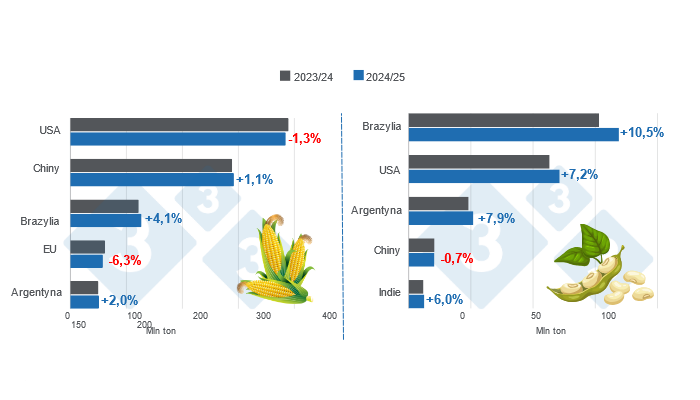 Wykres 1. Prognoza zbior&oacute;w dla gł&oacute;wnych światowych producent&oacute;w kukurydzy i soi - kampania 2024/25 w por&oacute;wnaniu z cyklem 2023/24 - ostatnia aktualizacja: 10 grudnia 2024 r. Przygotowane przez Departament Ekonomii i Analiz Rynkowych na podstawie danych FAS - USDA.
