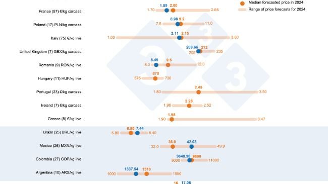 Wykres 1. Ankieta 333 dotycząca ceny świń w 2024 r.: porównanie przewidywań użytkowników 333 (od 22 stycznia 2024 r. do 12 lutego 2024 r.) z rzeczywistą ceną odnotowaną w całym roku podatkowym 2024. W nawiasach podano liczbę analizowanych danych.