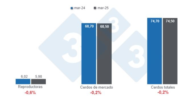 Wykres 1. Pogłowie świń w USA na dzień 1 marca 2025 r., dane w milionach sztuk, zmiany roczne. Przygotowane przez 333 Latin America na podstawie danych USDA - NASS.