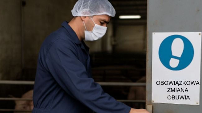 Zdjęcie 1. Pracownik fermy świń przechodzi przez różne obszary bez zmiany obuwia, ignorując wskazane protokoły bezpieczeństwa biologicznego. Obraz wygenerowany przez sztuczną inteligencję w celach ilustracyjnych (OpenAI, 2025).