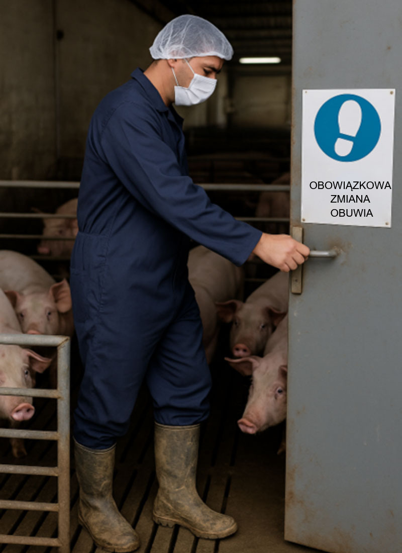 Zdjęcie 1. Pracownik fermy świń przechodzi przez różne obszary bez zmiany obuwia, ignorując wskazane protokoły bezpieczeństwa biologicznego. Obraz wygenerowany przez sztuczną inteligencję w celach ilustracyjnych (OpenAI, 2025).